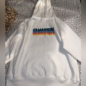 Men’s white champion hoodie pullover XL Reverse weave Rainbow/multi logo